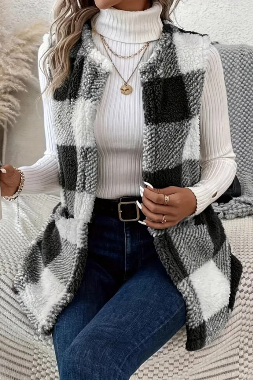 Sherpa Plaid Open Front Vest Coat