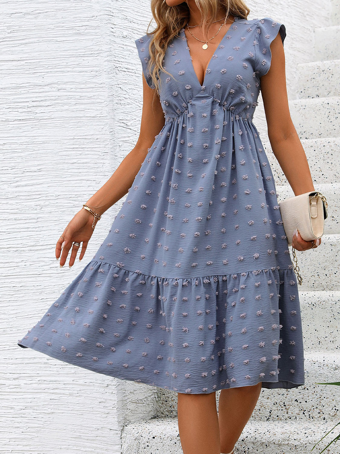 Perfee Swiss Dot V-Neck Cap Sleeve Dress