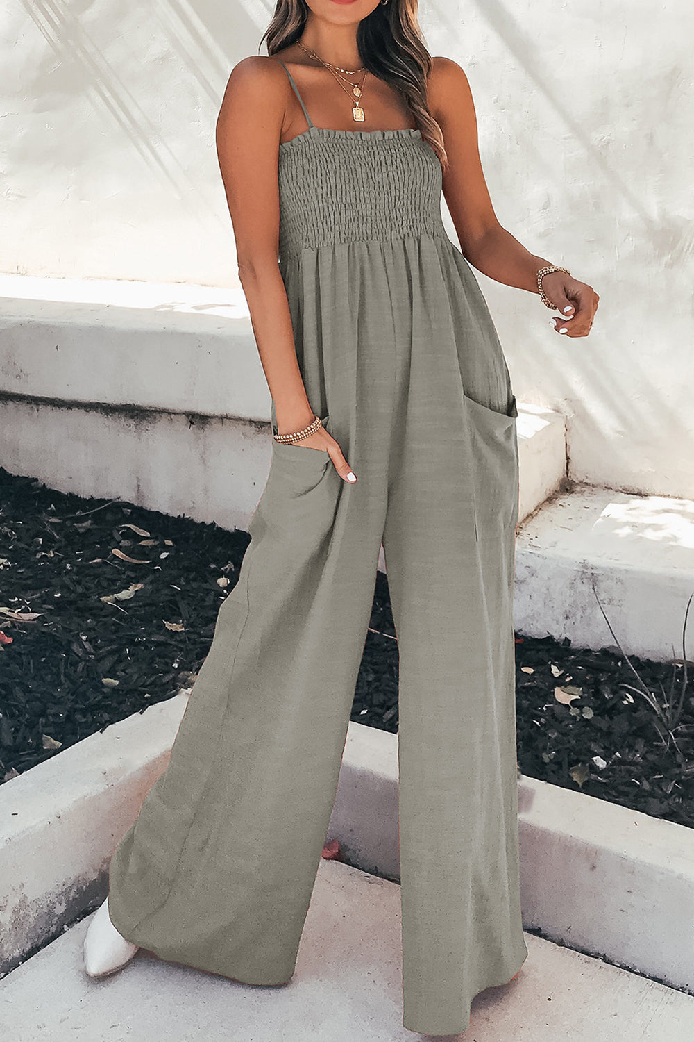 Smocked Spaghetti Strap Wide Leg Jumpsuit