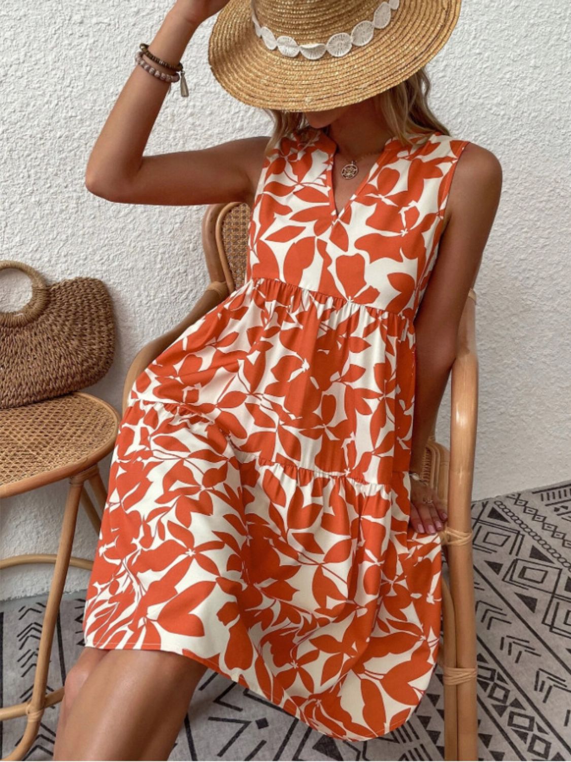 Printed Notched Sleeveless Mini Dress