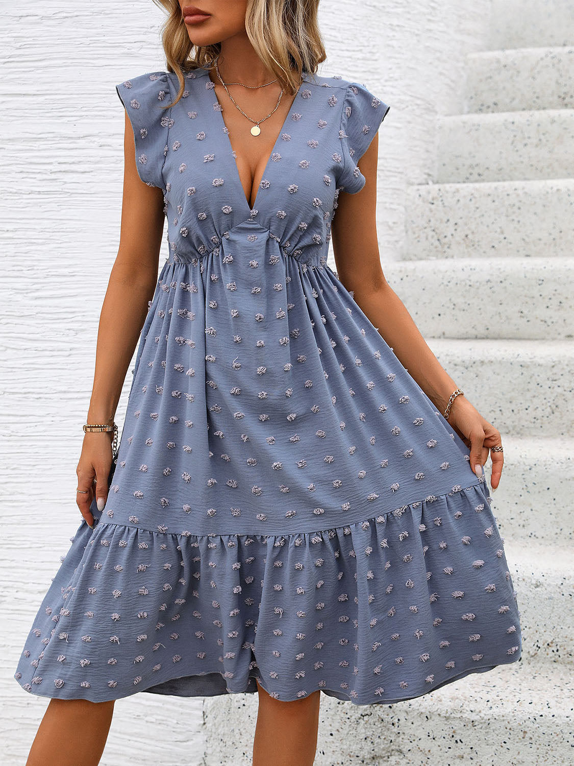 Perfee Swiss Dot V-Neck Cap Sleeve Dress